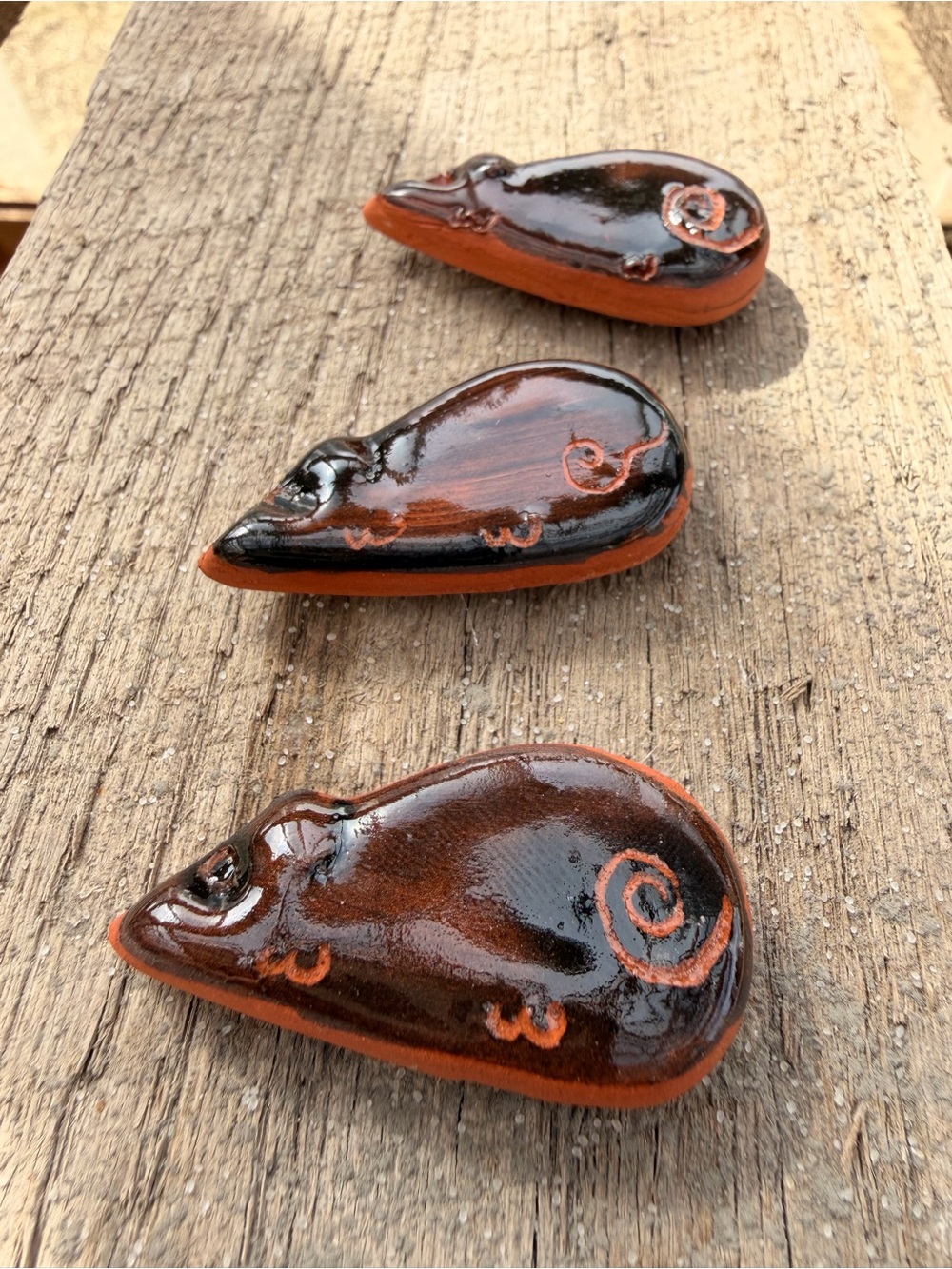 Handmade Glazed Ceramic Mouse Magnets Trio - Brown and Black